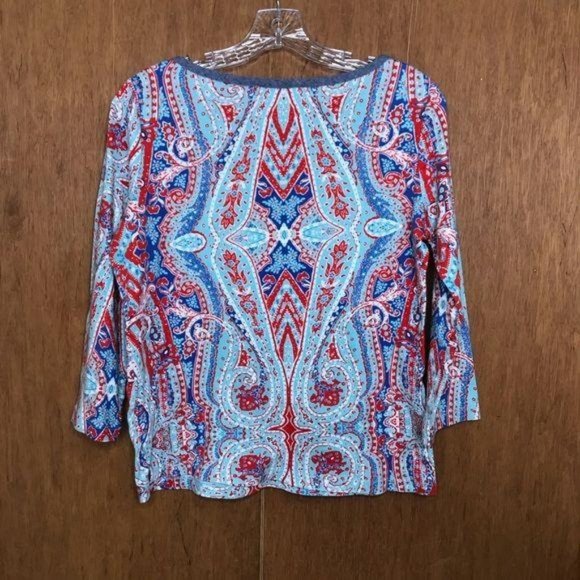 Jones New York Sport Blue Red Large Boho Print Top - Picture 2 of 11